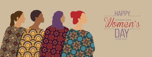 internazionale donne S giorno saluto carta. 4 donne di diverso etnia nel vestiti con geometrico textures su un' leggero Marrone sfondo vettore