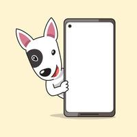 cartone animato personaggio Toro terrier cane e smartphone vettore