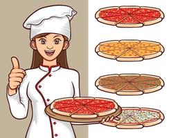cibi pizza italiani con illustrazione di carattere chef donne