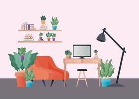poltrona arancione e scrivania con piante nel disegno vettoriale soggiorno