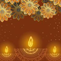 felice diwali candele e fiori arabescati d'oro su sfondo marrone disegno vettoriale