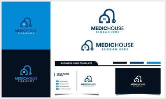 logo della casa medica con lo stetoscopio e il concetto di icona della casa e il modello di biglietto da visita vettore