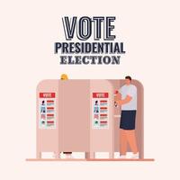 uomo sulla cabina elettorale con disegno vettoriale di voto elezioni presidenziali testo