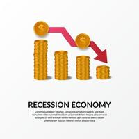 crisi finanziaria aziendale. recessione dell'economia globale. inflazione e bancarotta. illustrazione del grafico 3D denaro d'oro e freccia rossa ribassista vettore