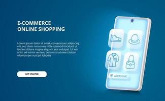 3d smartphone bagliore app shopping online concetto di e-commerce con icone di moda contorno blu per comprare e vendere. vettore