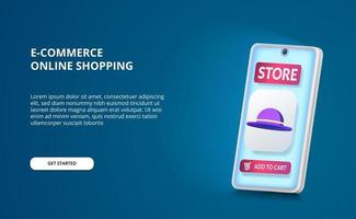 acquistare negozi online al dettaglio con l'app di e-commerce e l'icona del cappello 3D e la prospettiva dello smartphone 3D con schermo blu. vettore