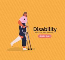 poster di consapevolezza della disabilità con donna con gamba ingessata e disegno vettoriale stampelle
