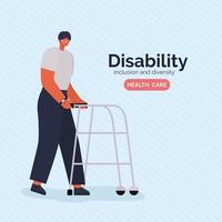 poster di consapevolezza della disabilità con uomo con disegno vettoriale walker