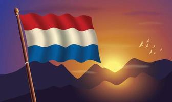 Olanda bandiera con montagne e tramonto nel il sfondo vettore