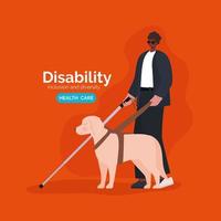 poster di consapevolezza della disabilità con cieco nero con disegno vettoriale di canna e cane