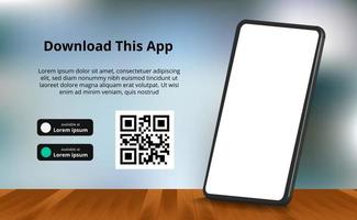 banner pubblicitario della pagina di destinazione per il download di app per telefono cellulare, smartphone 3d con pavimento in legno e sfondo sfocato. pulsanti di download con scansione del modello di codice qr. vettore