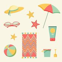 spiaggia elementi impostare. vettore. sole cappello, sole occhiali, sfera, ombrello, mare stelle, sole crema e eccetera.
