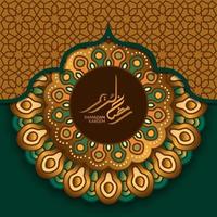 modello di biglietto di auguri banner poster. evento islamico con motivo geometrico di lusso elegante mandala verde dorato con calligrafia araba ramadan kareem vettore