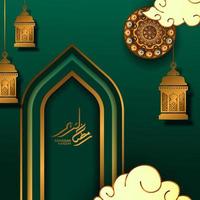 modello di biglietto di auguri evento islamico. illustrazione della moschea porta cancello con mandala cerchio, calligrafia dorata ramadan kareem, lanterna fanoos vettore