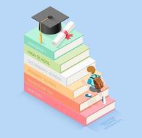 timeline di istruzione passo di libri. ragazzo studente salendo le scale per il cappello di laurea e il rotolo del diploma. illustrazione vettoriale isometrica. può essere utilizzato per il layout del flusso di lavoro, banner, diagramma, opzioni di numero, opzioni di aumento, web design e infografiche.