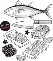 carne di pesce salmone. stile disegnato a mano degli elementi di doodle del cibo del giappone. illustrazioni vettoriali.
