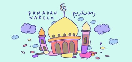 saluto disegnato a mano dei bambini della moschea islamica di Ramadan Kareem vettore