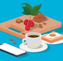 tazza di caffè, uovo, smartphone, fagioli, bacche e foglie disegno vettoriale