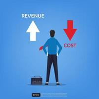uomo d & # 39; affari in piedi viste freccia su e giù per simbolo di entrate e costi. illustrazione di vettore di concetto di affari
