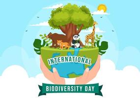 mondo biodiversità giorno su Maggio 22 illustrazione con biologico diversità, terra e animale nel piatto cartone animato mano disegnato per atterraggio pagina modelli vettore
