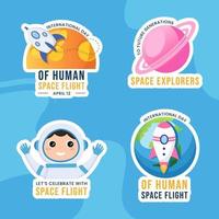internazionale umano spazio volo giorno etichetta piatto cartone animato mano disegnato modelli sfondo illustrazione vettore
