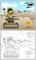 divertente giraffa su blindato veicolo nel campo di battaglia, vettore cartone animato illustrazione, colorazione libro o pagina