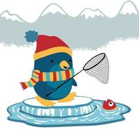 carino pinguino nel inverno cappotto pesca con pesca netto su ghiaccio pezzo, vettore cartone animato illustrazione