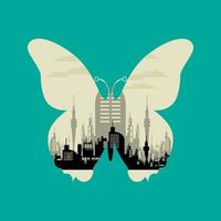 illustrazione di un' farfalla con design città nel parte inferiore vettore