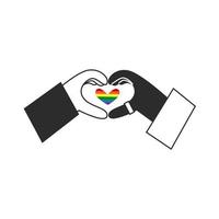mani rendere arcobaleno cuore forma. diverso etnie con un' gay lgbt bandiera simbolo. contento orgoglio, san valentino giorno, diversità e inclusione concetto. vettore piatto illustrazione.