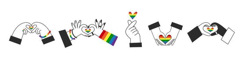 mani rendere arcobaleno cuore forma. diverso etnie con un' gay lgbt bandiera simbolo. contento orgoglio, san valentino giorno, diversità e inclusione concetto. vettore piatto illustrazione impostare.