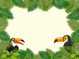 banner vuoto con cornice di foglie tropicali e personaggio dei cartoni animati tucano vettore