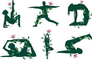 moderno yoga posa silhouette illustrazione con natura elementi vettore