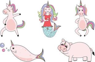 arcobaleno carino unicorno personaggio impostato per bambini disegno, mano disegnato scarabocchio arte per neonato, compleanno, festa invito, bambino doccia vettore