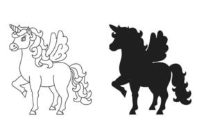 carino unicorno con Ali. nero silhouette. Magia Fata cavallo. colorazione libro pagina per bambini. cartone animato stile. vettore illustrazione isolato su bianca sfondo.