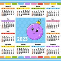 calendario per 2023 con un' carino carattere. divertimento e luminosa design. cartone animato stile. vettore illustrazione.