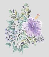 fiore hawaiano viola con foglie pittura disegno vettoriale