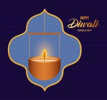 Felice Diwali candela appesa nella finestra su sfondo blu scuro disegno vettoriale