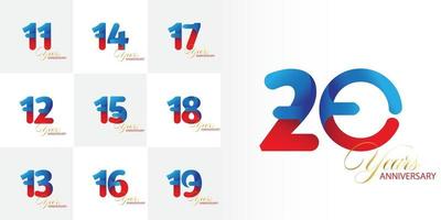 set di numeri per la celebrazione dell'anniversario di 11, 12, 13, 14, 15, 16, 17, 18, 19, 20 anni vettore