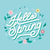 piatto design lettering Ciao primavera sfondo con foglia e fiore vettore