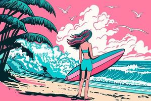 surfer ragazza su il spiaggia. donna con tavola da surf. cartone animato vettore illustrazione