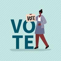 donna nera con banner di voto per il giorno delle elezioni vettore
