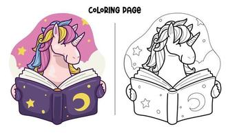 unicorno legge una pagina di colorazione del libro vettore