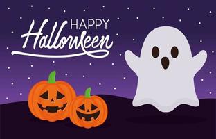 fantasma di Halloween e zucche con disegno vettoriale di pipistrelli