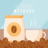 metodi di caffè con sacchetto di fagioli e disegno vettoriale tazza
