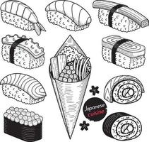 stile disegnato a mano degli elementi di doodle del cibo del giappone. illustrazioni vettoriali.