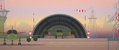 militare aeroporto, pista di decollo e aviazione controllo punto. cartone animato stile. vettore