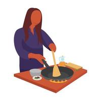 un' donna cucinando nel il cucina. un' casalinga friggere qualcosa utilizzando cucina impostare. salutare pasto produzione. vettore