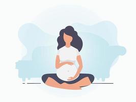 yoga per incinta donne. attivo bene costruito incinta femmina carattere. cartolina o manifesto nel dolce colori per il tuo design. piatto vettore illustrazione.