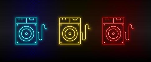 neon icona impostato disco viaggio. impostato di rosso, blu, giallo neon vettore icona su trasparenza buio sfondo