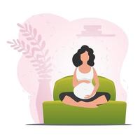 incinta donna nel farfalla posa. yoga pose nel il farfalla o loto posizione. vettore piatto illustrazione.